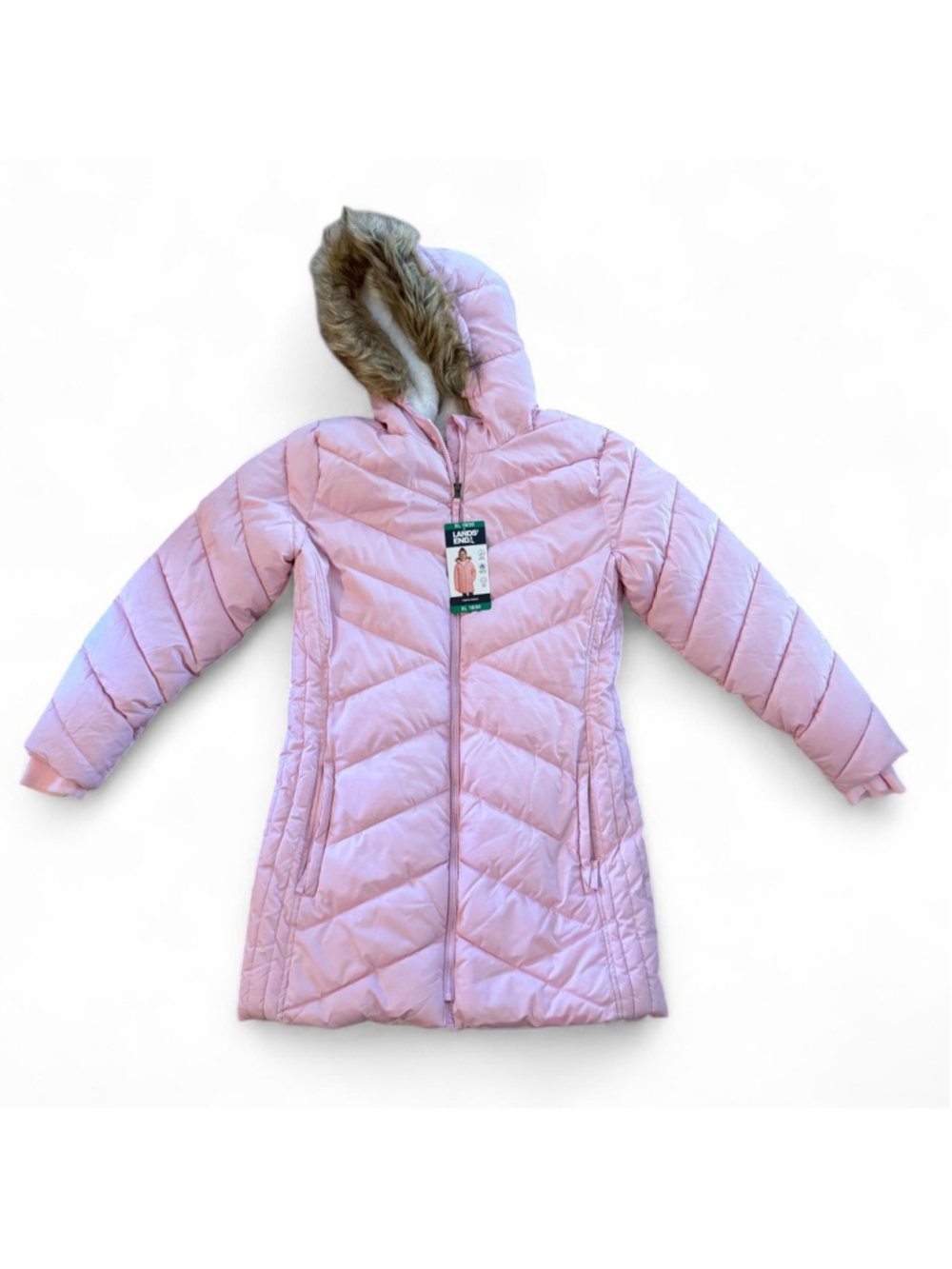 Lands' End girls pink quilted puffer coat with fur hood, size XL (18/20)